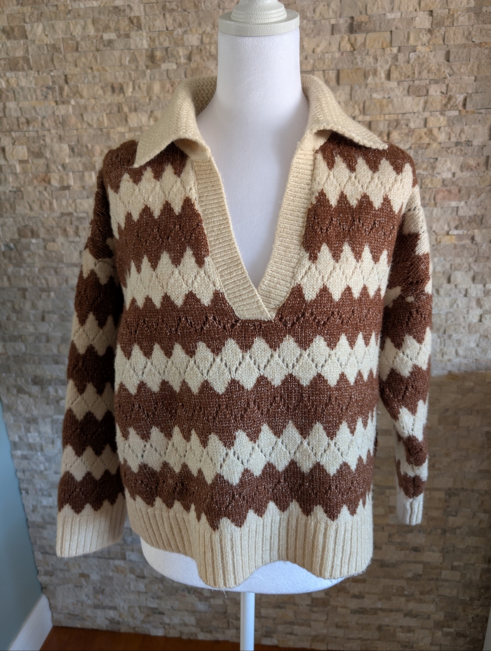 Brown Cream Argyle Collared Knit Sweater Vintage 70s Academia Grandpa Core Sz M